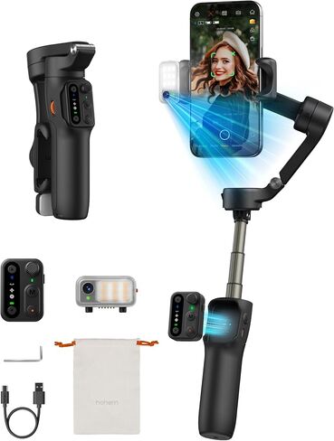 Hohem iSteady V3 Gimbal Stabilizer للهواتف الذكية، تثبيت ثلاثي المحاور مع متتبع الذكاء الاصطناعي، جهاز تحكم عن بعد قابل للفصل، قضيب تمديد مدمج وحامل ثلاثي القوائم، محمول وقابل للطي، تسجيل فيديو، أسود in Kuwait