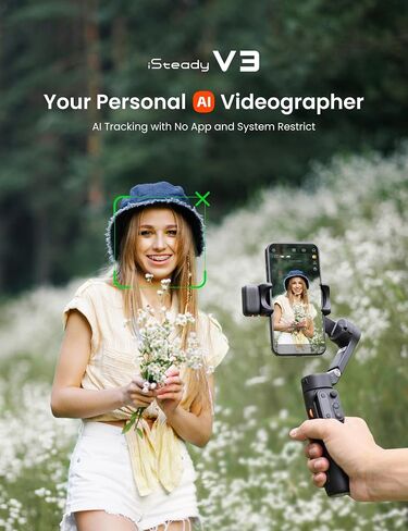 Hohem iSteady V3 Gimbal Stabilizer للهواتف الذكية، تثبيت ثلاثي المحاور مع متتبع الذكاء الاصطناعي، جهاز تحكم عن بعد قابل للفصل، قضيب تمديد مدمج وحامل ثلاثي القوائم، محمول وقابل للطي، تسجيل فيديو، أسود in Kuwait