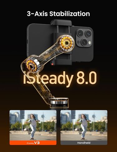 Hohem iSteady V3 Gimbal Stabilizer للهواتف الذكية، تثبيت ثلاثي المحاور مع متتبع الذكاء الاصطناعي، جهاز تحكم عن بعد قابل للفصل، قضيب تمديد مدمج وحامل ثلاثي القوائم، محمول وقابل للطي، تسجيل فيديو، أسود in Kuwait