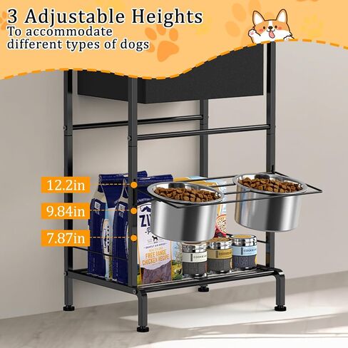 Elevated Dog Bowls, Raised Bowl Stand with Toy Bin Basket, Dog Food Feeding Station, 2 Stainles Container Heights Adjustable Shelve, Holder Cabinet Pet Storage Organizer for Medium Small DogCat, Brown in Saudi Arabia