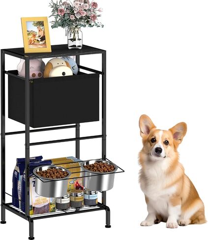 Elevated Dog Bowls, Raised Bowl Stand with Toy Bin Basket, Dog Food Feeding Station, 2 Stainles Container Heights Adjustable Shelve, Holder Cabinet Pet Storage Organizer for Medium Small DogCat, Brown in Saudi Arabia