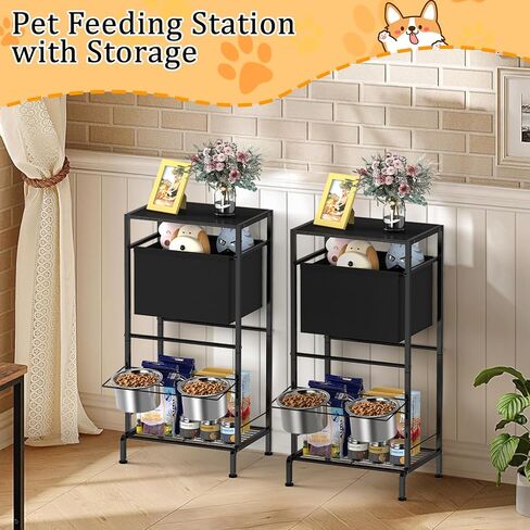 Elevated Dog Bowls, Raised Bowl Stand with Toy Bin Basket, Dog Food Feeding Station, 2 Stainles Container Heights Adjustable Shelve, Holder Cabinet Pet Storage Organizer for Medium Small DogCat, Brown in Saudi Arabia