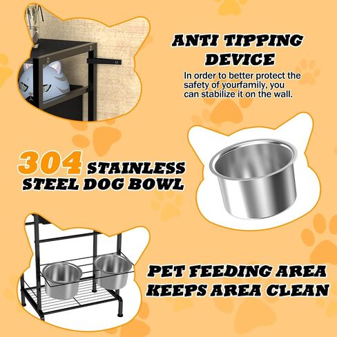 Elevated Dog Bowls, Raised Bowl Stand with Toy Bin Basket, Dog Food Feeding Station, 2 Stainles Container Heights Adjustable Shelve, Holder Cabinet Pet Storage Organizer for Medium Small DogCat, Brown in Saudi Arabia