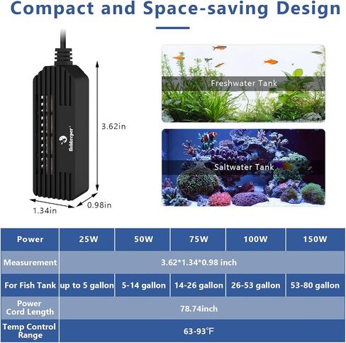 Small Aquarium Heater, Submersible Betta Fish Tank Heater 25W with LED Digital Display Controller Adjustable Temperature for Saltwater and Freshwater up to 5 Gallon in Saudi Arabia