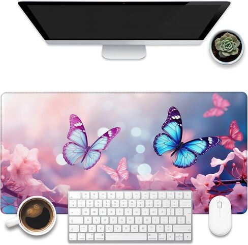 Desk Pad,Flying Blue Butterfly Desk Mat,Pink Cherry Blossom Branches Large Gaming Mouse Pad for Desk,31.5"x15.7" Extended Big Computer Keyboard Mouse Pad with Non-Slip Base and Stitched Edge in Saudi Arabia