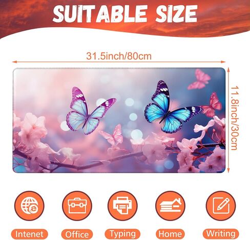 Desk Pad,Flying Blue Butterfly Desk Mat,Pink Cherry Blossom Branches Large Gaming Mouse Pad for Desk,31.5"x15.7" Extended Big Computer Keyboard Mouse Pad with Non-Slip Base and Stitched Edge in Saudi Arabia