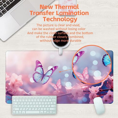 Desk Pad,Flying Blue Butterfly Desk Mat,Pink Cherry Blossom Branches Large Gaming Mouse Pad for Desk,31.5"x15.7" Extended Big Computer Keyboard Mouse Pad with Non-Slip Base and Stitched Edge in Saudi Arabia