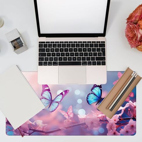 Desk Pad,Flying Blue Butterfly Desk Mat,Pink Cherry Blossom Branches Large Gaming Mouse Pad for Desk,31.5"x15.7" Extended Big Computer Keyboard Mouse Pad with Non-Slip Base and Stitched Edge in Saudi Arabia