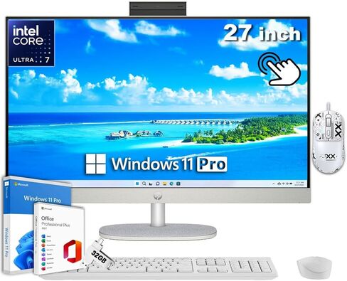 HP 27 inch All-in-One Touchscreen Desktop, Intel 12-core Ultra 7 155U, 32GB DDR5 RAM, 2TB SSD, Windows 11 Pro & Microsoft Office Lifetime License, Wireless KB & Mouse, Adjustable Height, HD Webcam in Saudi Arabia