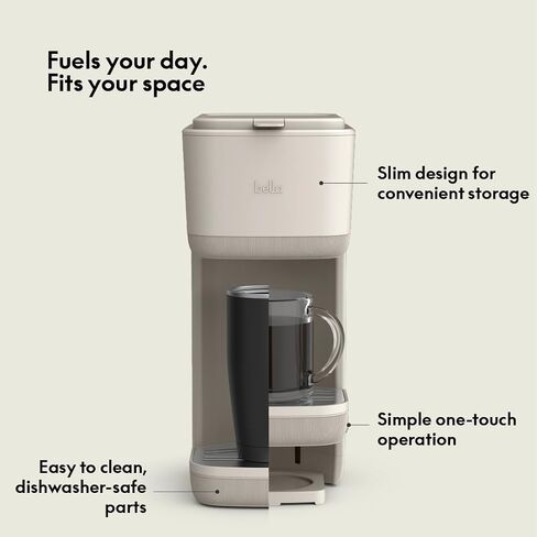 BELLA Single Serve Coffee Maker, K Cup & Coffee Ground Compatible with Removable, Adjustable Drip Tray, Auto Shutoff & Reusable Dishwasher Safe Accessories, Brews 6oz to 14oz, 1000 Watt, Oatmilk in Saudi Arabia