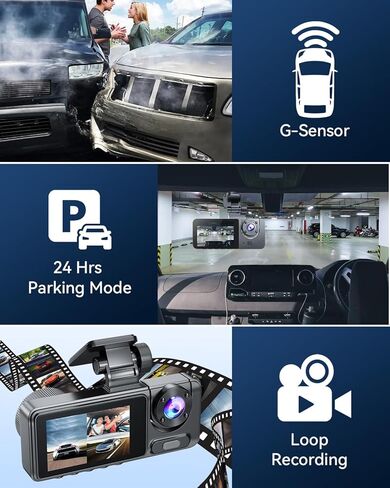 كاميرا داش كام ذات 3 قنوات للسيارات الأمامية والخلفية من الداخل، كاميرا داش واي فاي 1080 بيكسل مع بطاقة 32 جيجابايت، شاشة IPS 2.0 بوصة مسجل كاميرا لوحة القيادة مع التحكم في التطبيق، مستشعر G، تسجيل حلقي، رؤية ليلية، شاشة وقوف السيارات in Kuwait