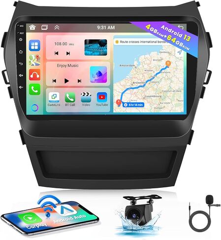 Hikity 4+64G for Hyundai Santa Fe IX45 2013-2017 Android Car Stereo with 9 Inch Touch Screen, Carplay Android Auto Radio with GPS Navigation/Mirror Link/Hi-Fi/Bluetooth+AHD Backup Camera in Saudi Arabia