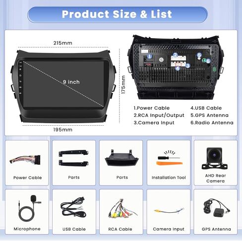 Hikity 4+64G for Hyundai Santa Fe IX45 2013-2017 Android Car Stereo with 9 Inch Touch Screen, Carplay Android Auto Radio with GPS Navigation/Mirror Link/Hi-Fi/Bluetooth+AHD Backup Camera in Saudi Arabia