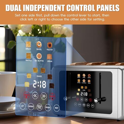 whall 4 Slice Touch Screen Toaster, Stainless Steel Toasters Digital Timer, Dual Control Panel Toasters，6 Shade Settings＆6 Bread Types, Smart Wide Slots, Bagel, Cancel, Defrost,Round Lever Silver in Saudi Arabia