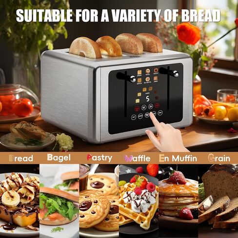 whall 4 Slice Touch Screen Toaster, Stainless Steel Toasters Digital Timer, Dual Control Panel Toasters，6 Shade Settings＆6 Bread Types, Smart Wide Slots, Bagel, Cancel, Defrost,Round Lever Silver in Saudi Arabia