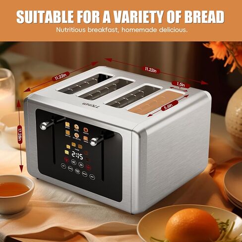 whall 4 Slice Touch Screen Toaster, Stainless Steel Toasters Digital Timer, Dual Control Panel Toasters，6 Shade Settings＆6 Bread Types, Smart Wide Slots, Bagel, Cancel, Defrost,Round Lever Silver in Saudi Arabia