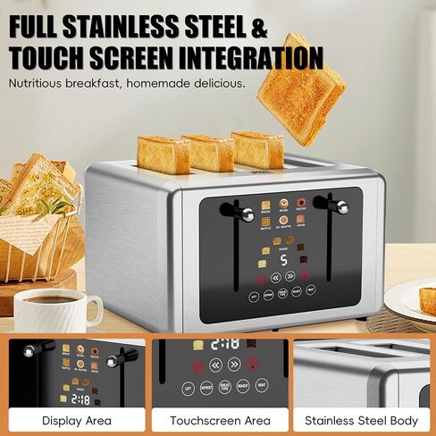 whall 4 Slice Touch Screen Toaster, Stainless Steel Toasters Digital Timer, Dual Control Panel Toasters，6 Shade Settings＆6 Bread Types, Smart Wide Slots, Bagel, Cancel, Defrost,Round Lever Silver in Saudi Arabia