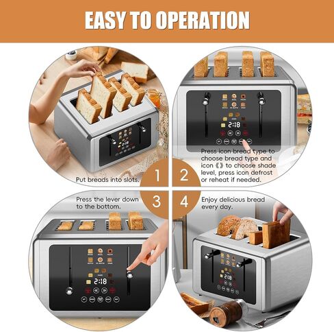 whall 4 Slice Touch Screen Toaster, Stainless Steel Toasters Digital Timer, Dual Control Panel Toasters，6 Shade Settings＆6 Bread Types, Smart Wide Slots, Bagel, Cancel, Defrost,Round Lever Silver in Saudi Arabia