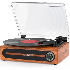 Record Player with Bulit-in Speaker Vintage Belt-Driven Turntable with Bluetooth Wireless Playback Support 3-Speed 33 1/3, 45, 78RPM AUX-in RCA Out Vinyl Players