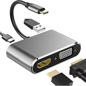 USB C to HDMI VGA Adapter, 4 in 1 USB C Multiport Hub Converter Thunderbolt 3 to HDMI 4K, VGA 1080P, USB 3.0, 100W PD Port for MacBook Pro/Air iPhone 16 15 Pro Max Dell XPS PC, etc