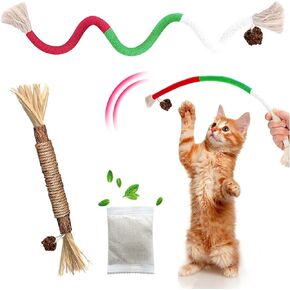 4 Pcs Cat & Kitten Chew Toy, Cat Toys Chew Ropes and Silvervine Cat Chew Sticks with Refillable Natural Catnip Bag for Teeth Cleaning, Safe Interactive Cat Toys for Indoor Cats