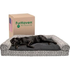 Furhaven Orthopedic Dog Bed for Large Dogs w/ Removable Bolsters & Washable Cover, For Dogs Up to 125 lbs - Plush & Southwest Kilim Woven Decor Sofa - Boulder Gray, Jumbo Plus/XXL