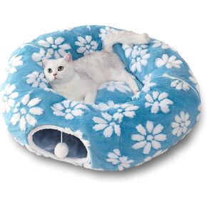 Cat Tunnel for Indoor Cats, Cute Peekaboo Cat Cave Play Tunnel with Dangling Balls, Pet Donut Tunnel Bed with Circle Mat for Cat Puppy Kitten Rabbit, Grey