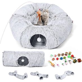 Odoland Large Cat Tunnels for Indoor Cats Fluffy Cat Bed and Detachable Cat Cave Tunnels with 20 Cat Toys, Cat Donut Tunnel and Variety Kitten Toy Set for Chewing Playing