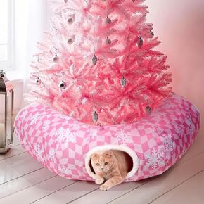 Pink Christmas Cat Tunnel Bed Peekaboo Cat Cave Donut Under Christmas Tree Pink Checker with Snowflakes Festive Decor Perfect for Small Medium Large Cats, Kittens, Rabbit, Ferret