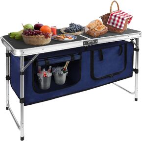 Elevon Folding Camping Table, Aluminum Alloy Portable Camping Dining Table with Storage Compartment, Adjustable Table Legs, Suitable for Beaches, Courtyards, Picnics, BBQ and Parties, Black in Kuwait