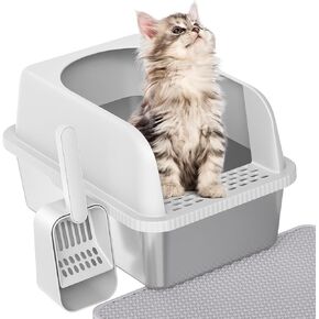Prodigen Extra Large Stainless Steel Cat Litter Box with Lid High Wall Sides Enclosure, Non-Sticky, Anti-Leakage, Easy Cleaning，with Cat Mat & Metal Scoop, 24" L x 16" W x 12" H