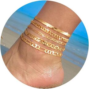 Ankle Bracelets for Women，Silver Layered Glitter Waterproof Anklet for Women 14K Gold Plated Anklets Sterling Silver Layered Moon Pendant Anklet Summer Beach Waterproof Anklet for Women