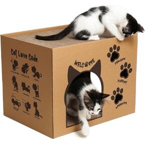Two-Level Cardboard Cat House with Scratching Pads & Catnip - Large Sturdy Cardboard Cat Scratcher House Lounge for Multiple Pets - Premium Cat Play House Hideout Condo - 17.5" x 13.5" x 13.5"