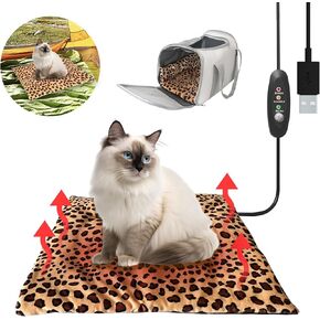 USB Heating Warmer Pad Bed for Cat, Small Dog and Pet, Safe 5V2A Power-Bank Battery Operated, 3-Temperature Settings, Washable, for Indoor and Outdoor Use. 15" x 19" x 0.6" (Leopard)