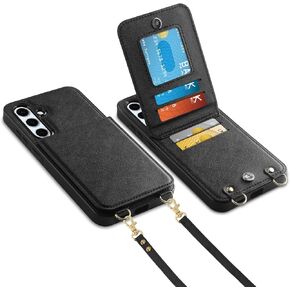 Vofolen for Samsung Galaxy S24 FE Case with Card Holder Crossbody Lanyard Strap Leather Wallet Case with Magnetic Clasp Kickstand Heavy Duty Protective Flip Cover for Galaxy S24 FE for Women, Black