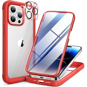 Miracase for iPhone 15 Pro Max Case Full-Body Bumper Phone case with Built-in Glass Screen Protector& Camera Protector, Military Drop Proof 15 Pro Max Cover, Red