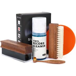 Vinyl Survival Premium 6-in-1 Vinyl Record Cleaning Kit, Velvet Brush, Goat Hair Bristle Brush, Stylus Brush, Cleaner Fluid Spray and Cloth, Album Label Protector, 100% Natural Mahogany Hardwood