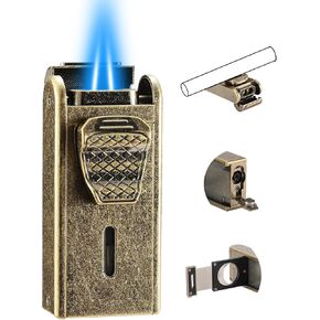 Torch Lighter, All in One Jet Flame Butane Lighter Built-in Cutter, Punch, Holder Function, Refillable and Adjustable Windproof Gas Lighter, Gifts for Men. Golden(Sold Without Gas)