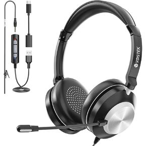 PC Headset with Mic, USB Headphones with Microphone/Mic Noise Cancelling & Volume Control, Wired Headset for Computer, Laptop, Work, Teams, Office, Zoom, Online Classes, Skype