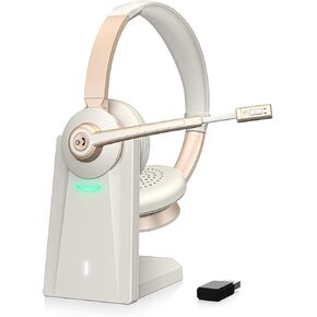 Wireless Headset, Bluetooth Headset with Microphone, AI Noise Canceling Mic & USB Dongle, Wireless Headphones with Mic Mute & Charging Base for Work from Home/Office/Call Center/PC/Laptop/Zoom