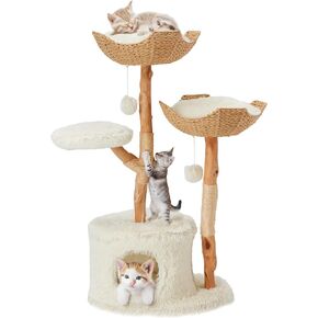 Wooden Modern Cat Tree, Cute Cat Tree with Scratching Post, Modern Cat Condos with Jumping Platforms and 2 Cat Beds, Luxury Cat Tree House, Cat Tower for Indoor Cats - Velvet White