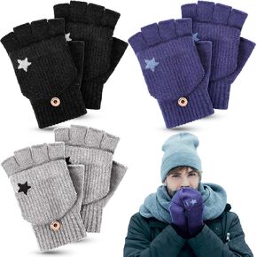 ShinyMatch 3 Pair Thermal Knitted Convertible Mittens for Women and Men Warm Winter Knitted Convertible Fingerless Gloves