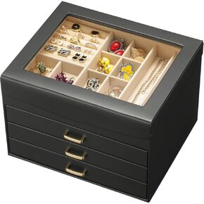 4-Layer Jewelry Box with Glass Lid, Classic Jewelry Organizer with 3 Drawers for Women Girls, Adjustable Compartments, Modern Style, Cream White