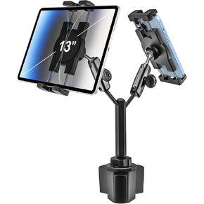woleyi Dual Tablet Holder for Car Cup - [Double Metal Arm] Heavy Duty Adjustable Car Cup Holder Tablet Mount for Truck, Compatible with iPad Pro Air Mini, Galaxy Tabs, Z Fold, iPhone, 4.7-13" Devices