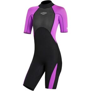 Skyone Women Mens Wet Suit, 3MM Neoprene Wetsuits Diving Suit, Short Sleeve Front Zip UV Protection One Piece Thermal Swimsuit for Swimming Kayaking Snorkeling Canoeing (Black Women, Medium)