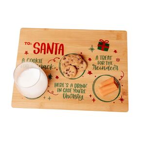 Christmas Cookies and Milk for Santa Wooden Tray, Treats Serving Board Platter for Reindeers on Christmas Eve, Kids Gift Snacks Bamboo Color Printed Plate mat for Santa (Small)