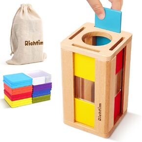 Montessori Toys for 1-3 Year Old: Cuboid Color Sorting Wooden Toy for Toddlers, Object Permanence and Fine Motor Sensory Toy, 12-18 Months Busy Board Matching Game for Baby Boys and Girls Gifts
