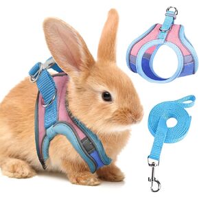 Rabbit Harness and Leash Set with Reflective, Rabbit Vest Harness for Rabbits Ferret Small Pig Puppy Walking Supplies (Blue, Medium)