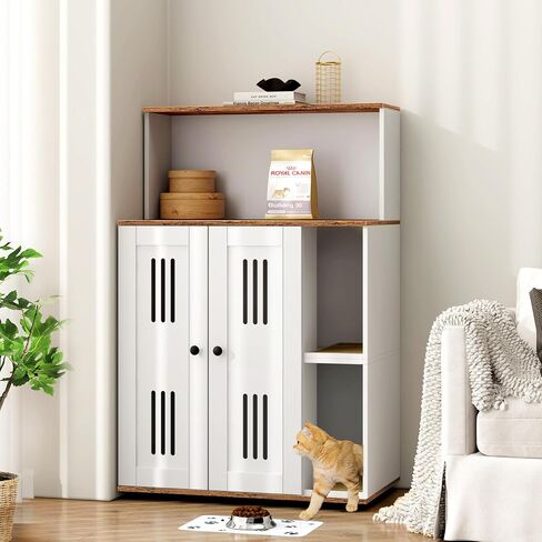 Rovibek Cat Litter Box Enclosure for 2 Cats, Cat Litter Box Furniture Hidden with Storage, Cat Litter Cabinet, Double Litter Box Enclosure with Scratch Mat, Fit Most of Litter Box, White in Saudi Arabia