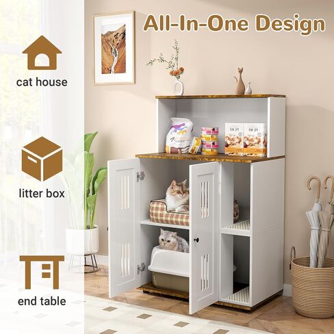 Rovibek Cat Litter Box Enclosure for 2 Cats, Cat Litter Box Furniture Hidden with Storage, Cat Litter Cabinet, Double Litter Box Enclosure with Scratch Mat, Fit Most of Litter Box, White in Saudi Arabia